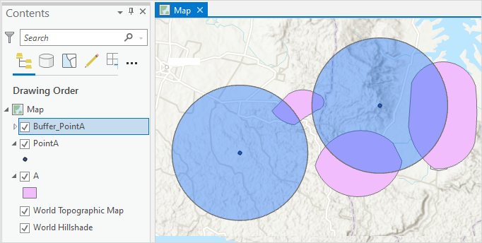 Two buffers overlap with three polygons in ArcGIS Pro.