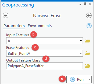 The Pairwise Erase geoprocessing pane and the parameters for Input Features, Erase Features, and Output Feature Class before clicking Run.