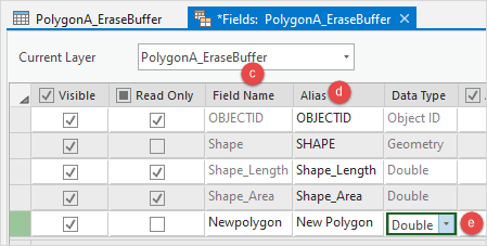 The attribute table of the feature layer created from the Pairwise Erase tool in the Fields view to create a new field.