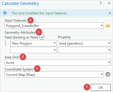 The Calculate Geometry window with the note stating that the tool modifies the input data.
