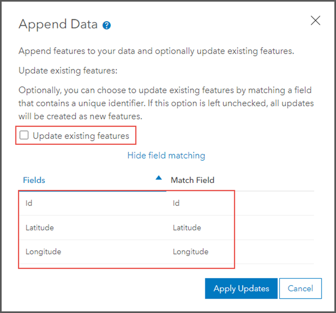 The Append data pop-up