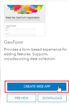 The Create a web app window after selecting the GeoForm web app option.