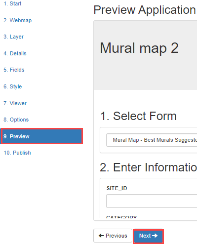 The GeoForm BUILDER page with the 9. Preview tab