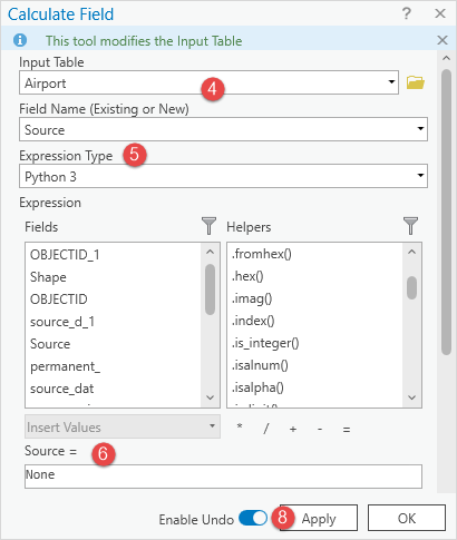 The Calculate Field window with a message, 'This tool modifies the Input Table' returned.