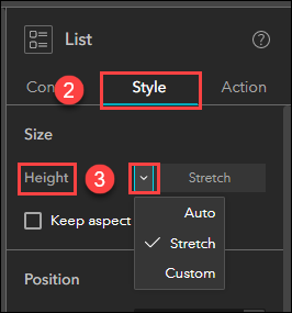 The List pane with the Size section and Height setting.