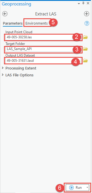 The Extract LAS pane to be configures to to reproject the LAS dataset to a projected coordinate system