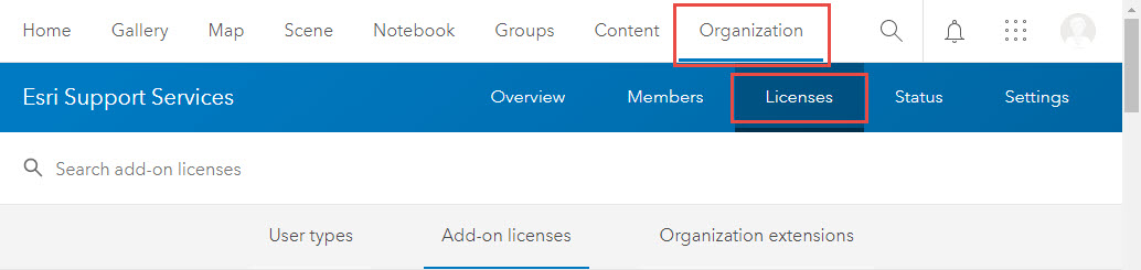 The Organization tab with the Licenses tab open.