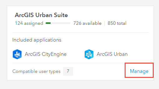 The Manage option under ArcGIS Urban Suite.