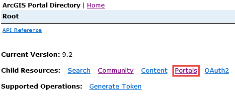 Clicking Portals from the Child Resources section in the Portal for ArcGIS REST Home page.