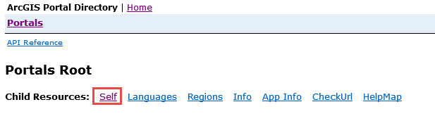 Clicking Self from the Child Resources of the Portals page in the Portal for ArcGIS REST API endpoint.