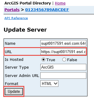 Specify the ArcGIS Web Adaptor URL in the Update Server page.