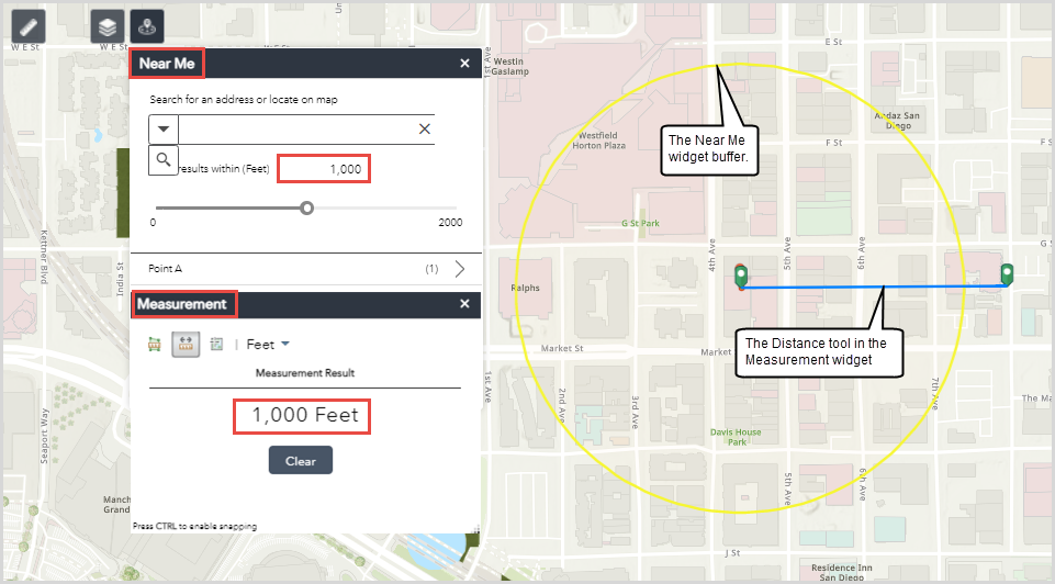 The buffer ring displays different distance from the blue line in ArcGIS Web AppBuilder. The blue line represent the measurement of the Distance tool.