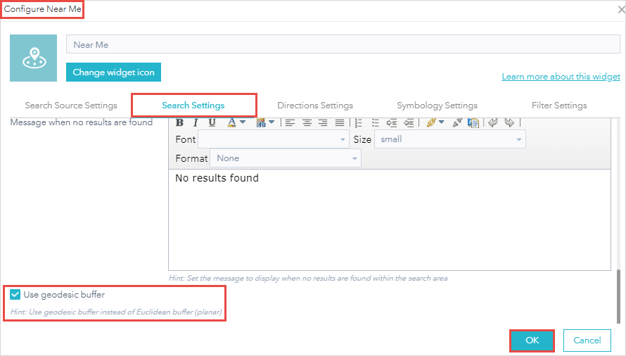 The Configure Near Me window with the geodesic buffer check box