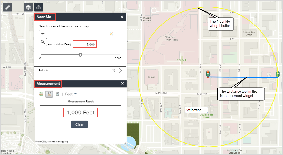 The buffer ring with the same distance as the blue line in ArcGIS Web AppBuilder.