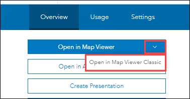 The Open in Map Viewer Classic button on the item details page in ArcGIS Online.