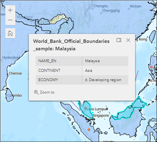 The map in ArcGIS Experience Builder with the polygon representing Malaysia highlighted. The information of the polygon is displayed in the pop-up.