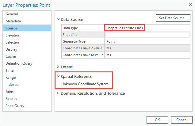 The Layer Properties window displaying the spatial reference for the shapefile which is an unknown coordinate system.