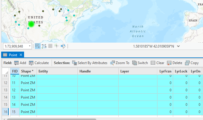 The map in ArcGIS Pro with the selected features  displayed when zoomed out.