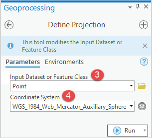 The Define Projection pane with the note stating that the tool modifies the input dataset or feature class.