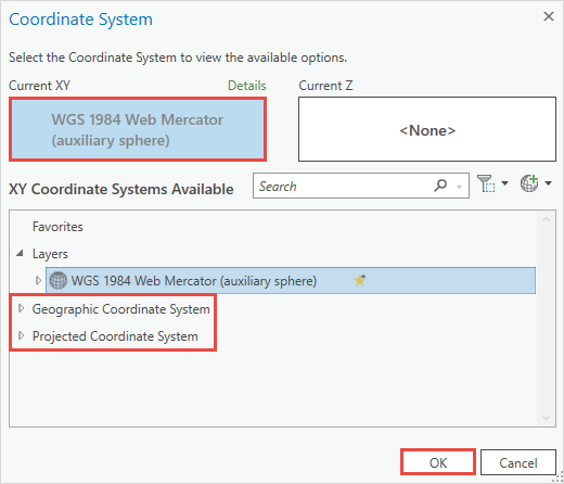 The Coordinate System window with the WGS 1984 Web Mercator (auxiliary sphere) selected.