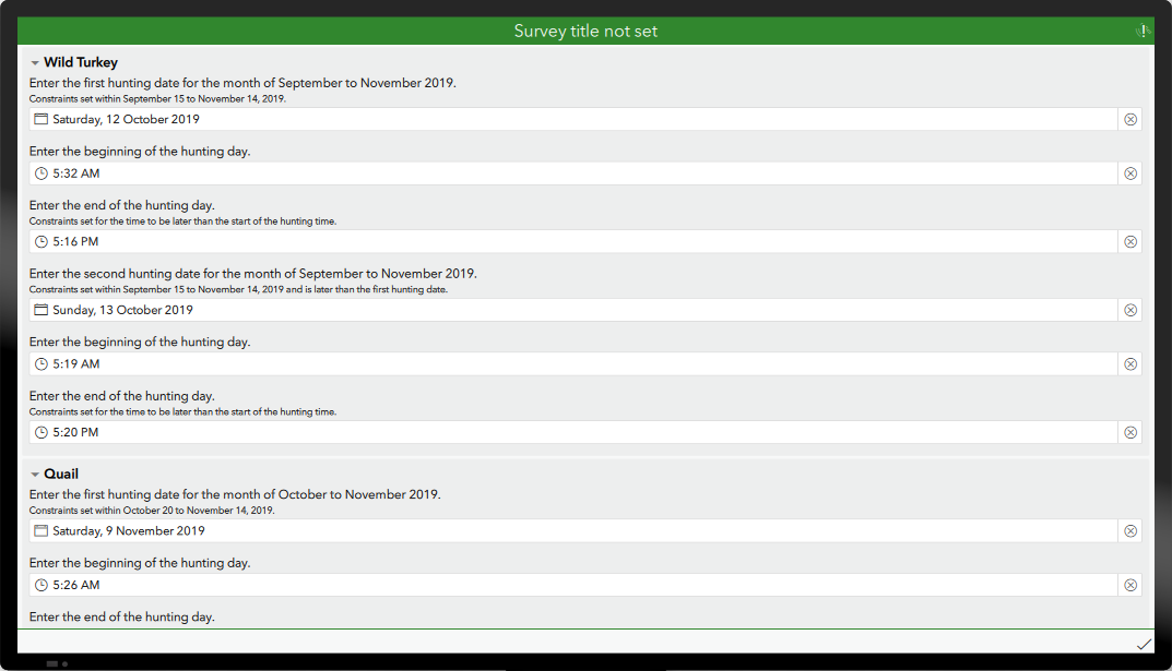 An example of the ArcGIS Survey123 Connect survey form