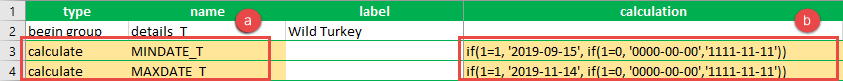 The XLSForm with two calculate question types created, and the specified calculation formula