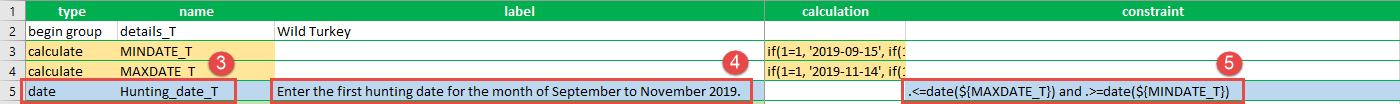 The XLSForm with the first date question type created, question text entered, and the specified constraint formula