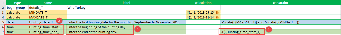 The XLSForm with the first group of two time question types created, question text entered, and the specified constraint formulas