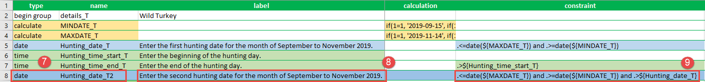 The XLSForm with the second date question type created, question text entered, and the specified constraint formula