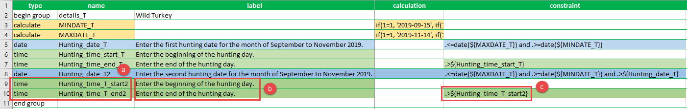 The XLSForm with the second group of two time question types created, question text entered, and the specified constraint formulas