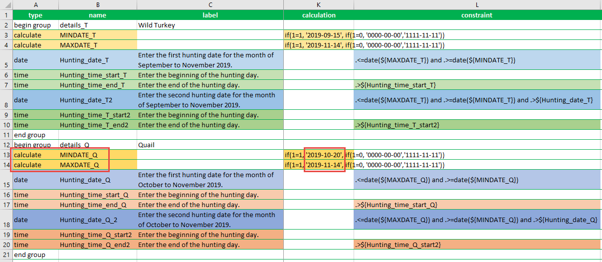 The XLSForm with a different two calculate question types created, and the specified calculation formula with a different date range