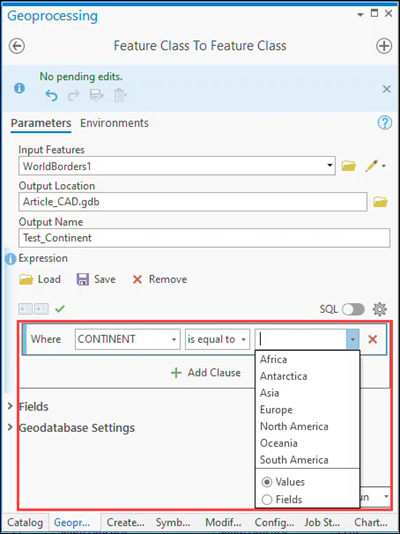 The Feature Class To Feature Class geoproecessing pane in ArcGIS Pro.