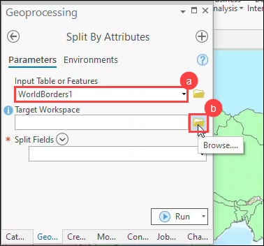 The Split By Attributes pane and the Parameters tab. The Browse.... icon is symbolized by a yellow folder.