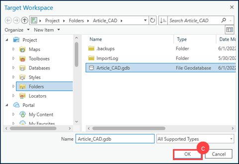 Select a geodatabase or folder in the Target Workspace window and click OK.