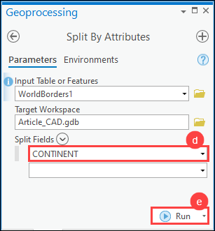 The Split By Attributes pane in the Parameters tab. Select the field with the unique attributes for Split Fields and click the Run button at the bottom-right corner of the pane.