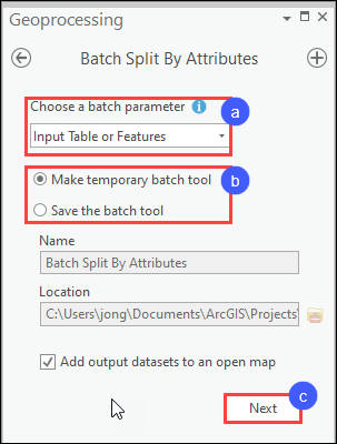 The first page of the Batch Split By Attributes pane.