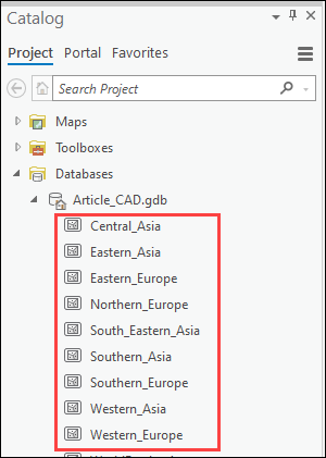 The Catalog pane with the new feature classes in the Databases folder.