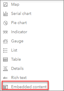 Elements drop-down list to select embedded content