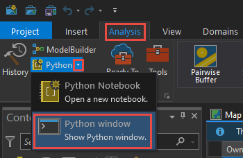 The Python window icon in the Python drop-down box on the Analysis tab