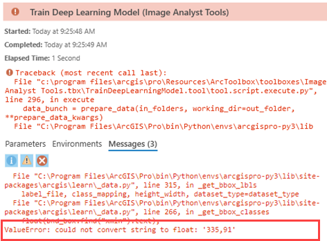 The Train Deep Learning Model (Image Analyst Tools) error message window.