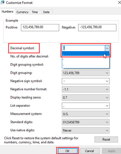 Decimal point option is selected for the Decimal symbol in the Customize Format window.