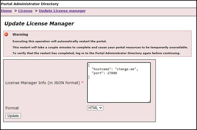 The License Manager information after updating via the Portal Administrator Directory