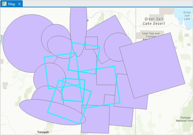 The selected features in a polygon feature layer in ArcGIS Pro.