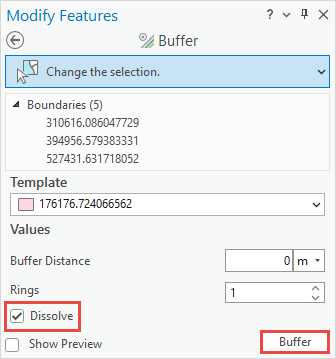 Parameters of the Buffer tool in the Buffer pane.