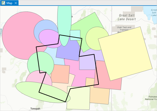 The outline created around the selected features in the polygon feature layer in ArcGIS Pro.