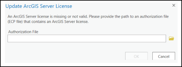 The error message on the Update ArcGIS Server License window