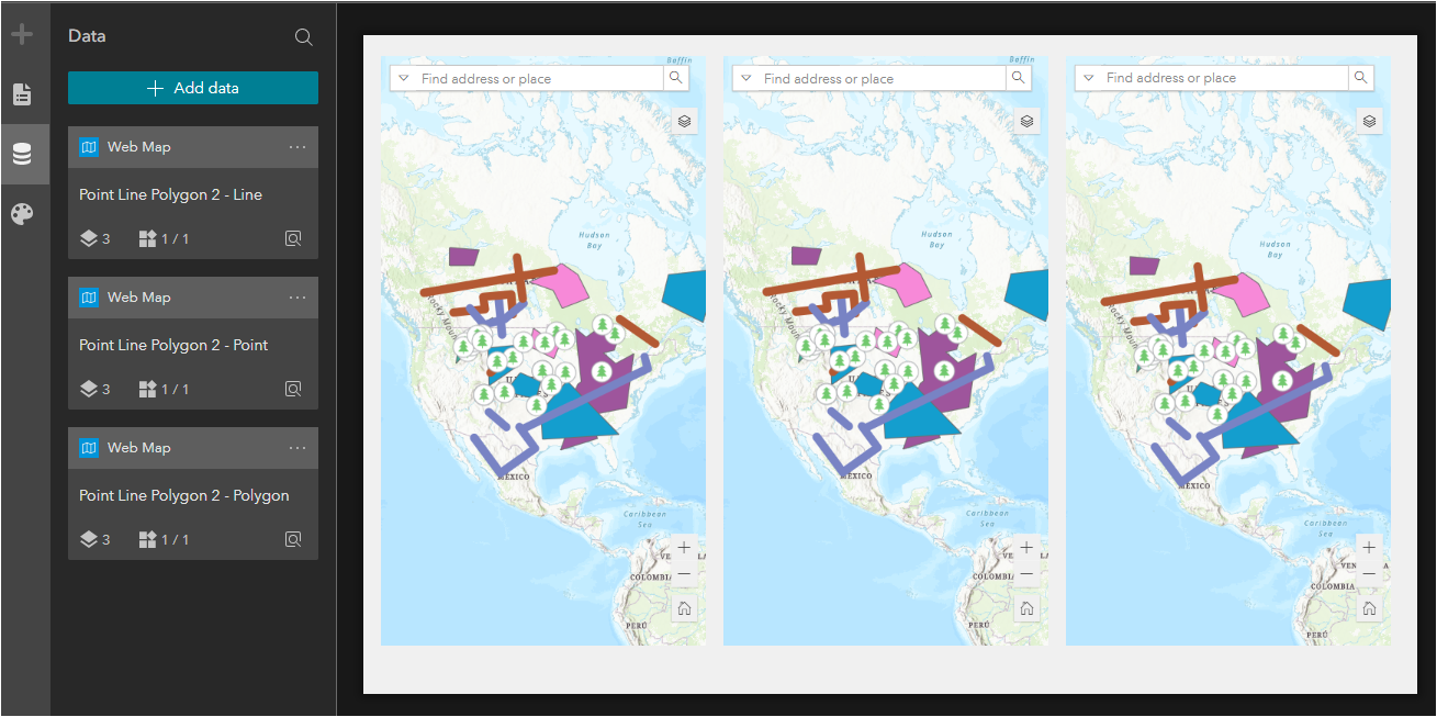 Three Map widgets referencing the same web map with the same layer visibility