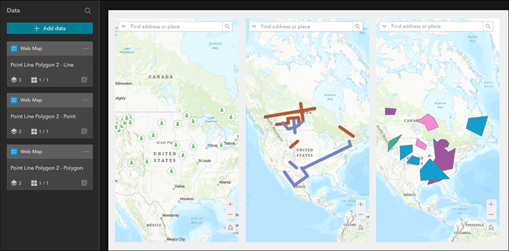 The web map is added three times to the Data panel and is connected to three different Map widgets in the experience.