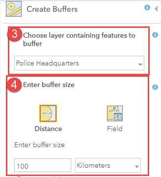 The Create Buffers pane to create a buffer for the Police Headquarters feature layer