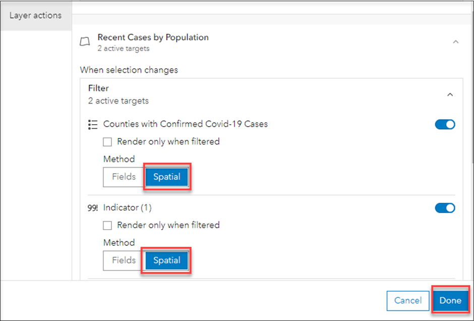 Spatial method applied on filtered target elements.